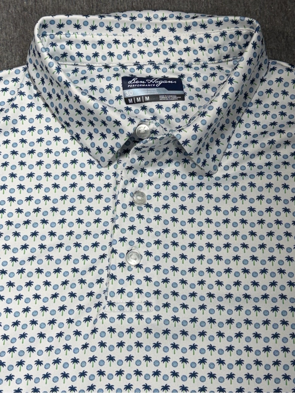 Ben Hogan Performance Golf Polo Men’s Medium White Blue Palm Trees Golf Balls